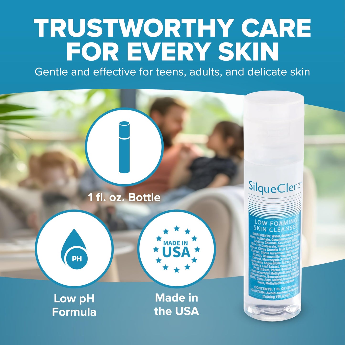 SilqueClenz Low Foaming Skin Cleanser – Gentle, Low pH Wound Cleanser for Scars, Sensitive Skin & Post-Op Areas - Hydrates with Flax Seed Extract & Vitamin B5 – Compact Travel-Ready Bottle, 1 fl. oz