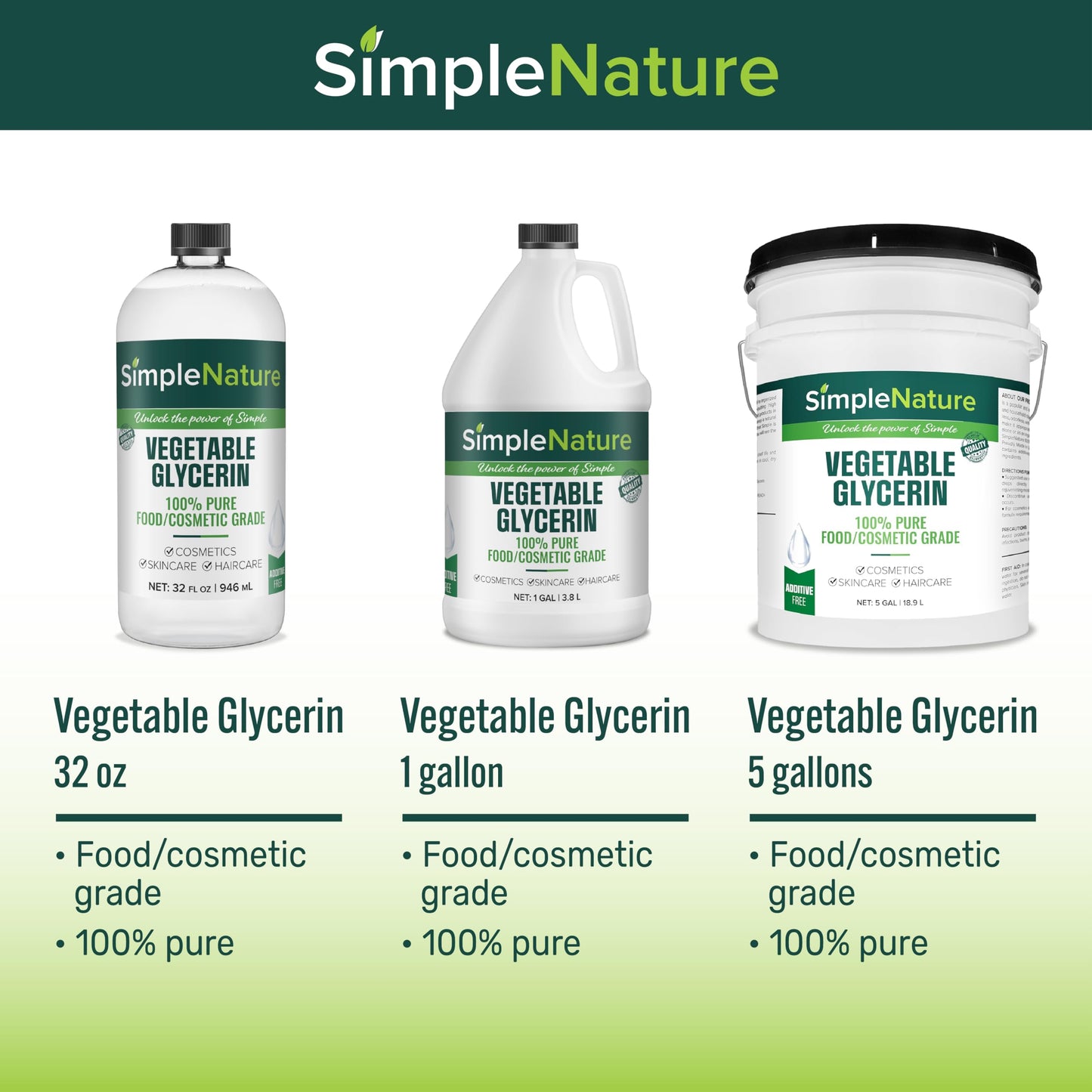 Simple Nature 100% Pure Vegetable Glycerin - 2 Gallon - Natural Pure Food/Cosmetic Grade for Skincare, Haircare, Cosmetics, Soapmaking, Crafts - Softening & Moisturizing Multipurpose Humectant