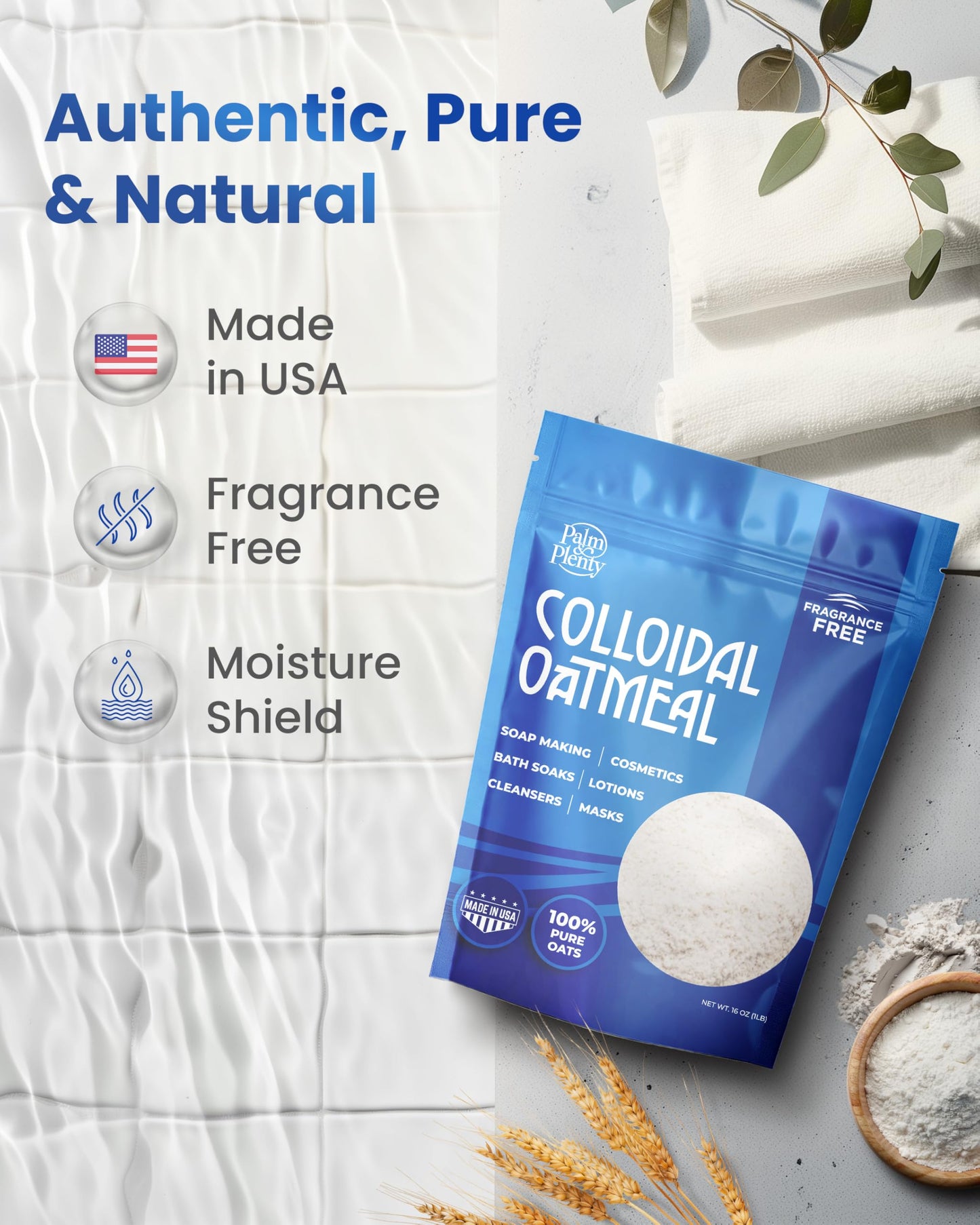 Palm and Plenty 100% Pure Colloidal Oatmeal - Unscented, DIY Bath Products, Skincare, Cosmetics, Natural Oatmeal Bath for Itching, Soothing Agent for Itchy, Irritated Skin - 2 Pack (32oz)