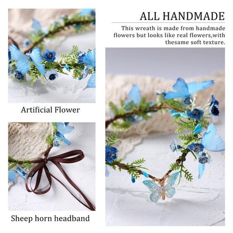 MOSTORY Blue Butterfly Flower Crown - Handmade Fairy Headpiece Floral Tiara Spring Woodland Circlet for Women Girls Wedding Renaissance Cosplay Party Festival