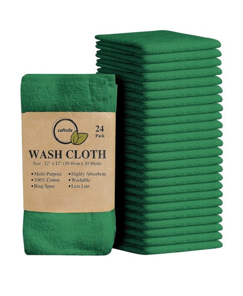 Softolle 100% Cotton Ring Spun Wash Cloths – Bulk Pack of Washcloths – 12x12 Inches – Wash Cloth for Face, Highly Absorbent, Soft and Face Towels (Dark Green, 24 Pack)
