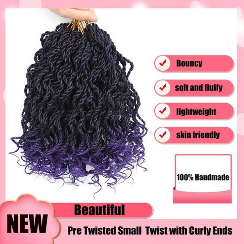 Wavy Senegalese Twist Crochet Hair For Black Women 8 Inch 10 Packs Senegalese Twist Braiding Hair Crochet Twists Pre Looped Twist Crochet Hair Curly Crochet Twist Hair With Curly Ends(1B/PURPLE)