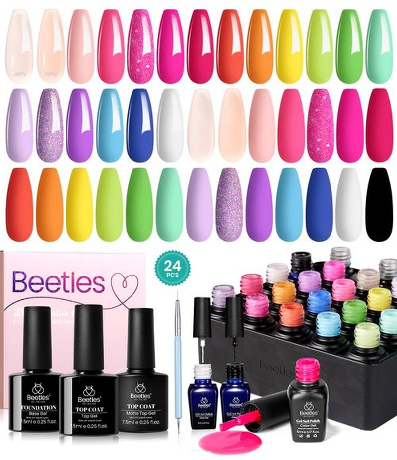 Beetles 24Pcs Gel Nail Polish Set with Base Gel Top Coat White Black Liner Gel Nail Art Brush, 2024 Summer Gel Polish Kit Neon Bright Blue Pink Purple Green Jelly Gel Polish Soak Off Uv Gel Nail Kit