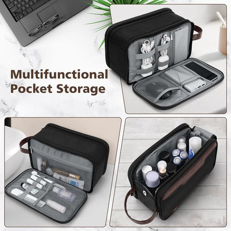 Wedama Toiletry Bag for Men, Large Hanging Travel Toiletry Bag, Extra Electronic Organizer Bag Waterproof Travel Bag for Toiletries with PU Handle for Travel Trips Swim Camping, Black&Brown