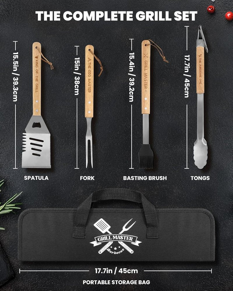 BBQ Grilling Accessories Set - 4PCS Stainless Steel Tools with Tongs, Fork, Spatula & Brush | Perfect Gift for Men