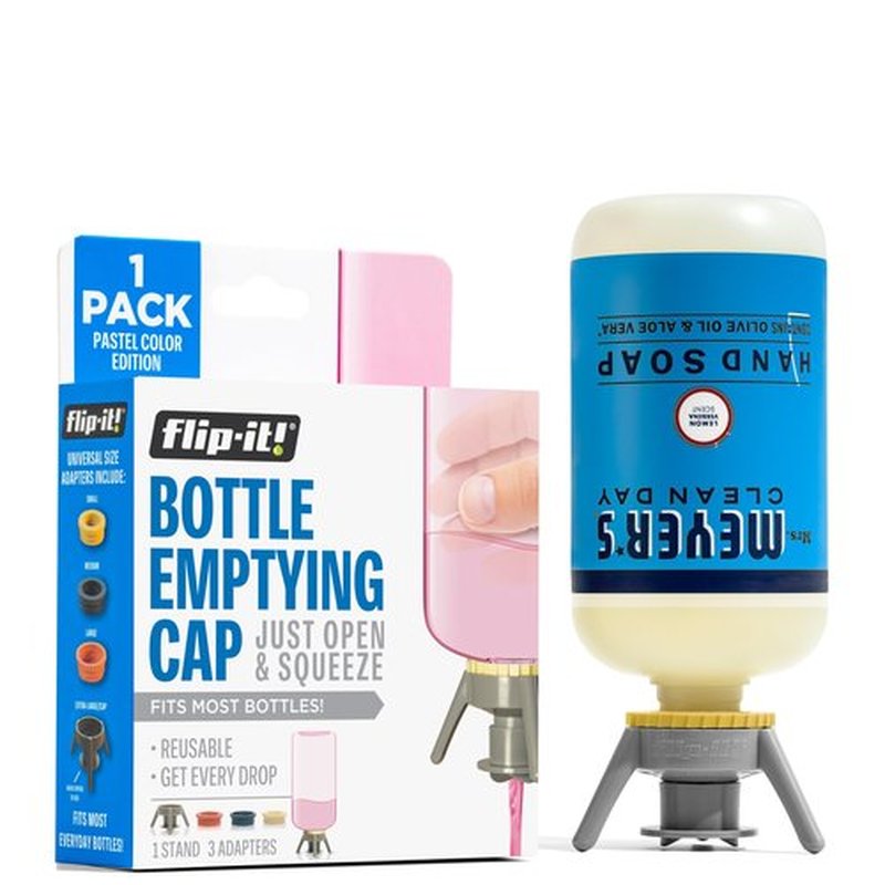 Flip-It! 1-Pack Bottle Emptying Kit – No more wasted product - Fits most plastic bottles – Get out every drop of Shampoos, Lotions, & More – 1 Base Cap, 3 Adapters – Pastel Color Edition