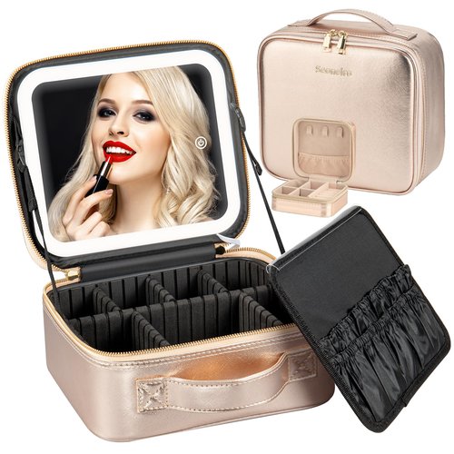 Seoneiro Makeup Travel Bag with LED Lighted Mirror Adjustable Brightness Portable Waterproof Makeup Case with Adjustable Dividers, Make up Train Case Organizer Makeup Brush Accessories and Tool Case