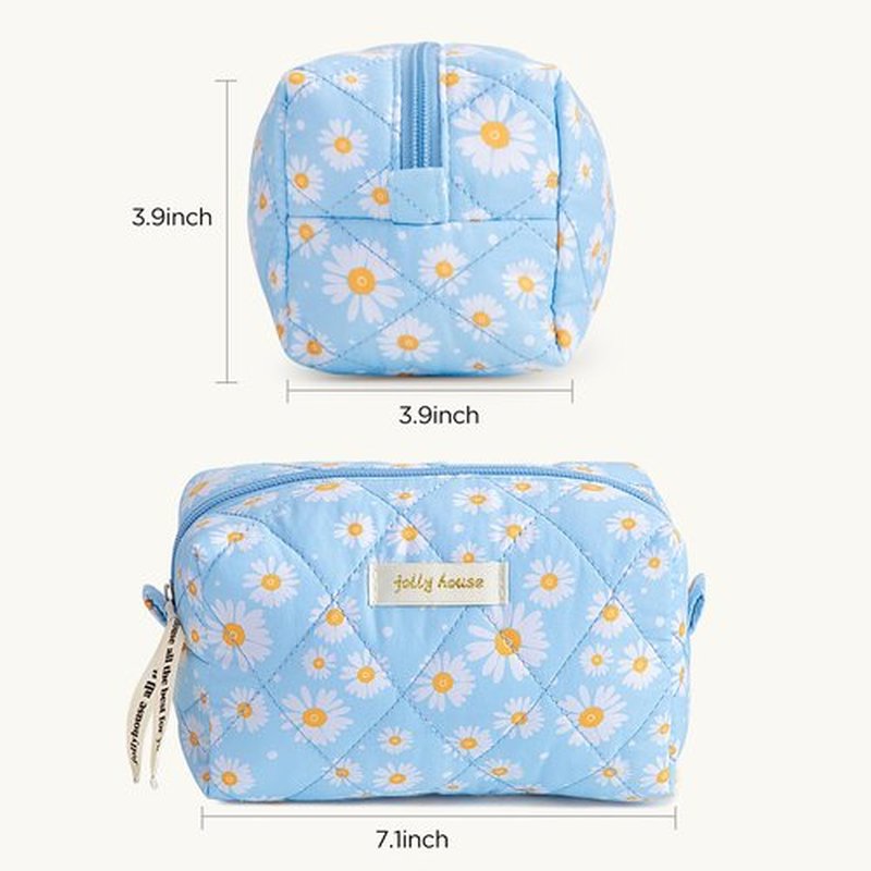 HBselect Quilted Makeup Bag Cute Makeup Bag Organizer Travel Cosmetic Bag Aesthetic Coquette Cotton Floral Make up Bag Toiletry Bags for Women Girls