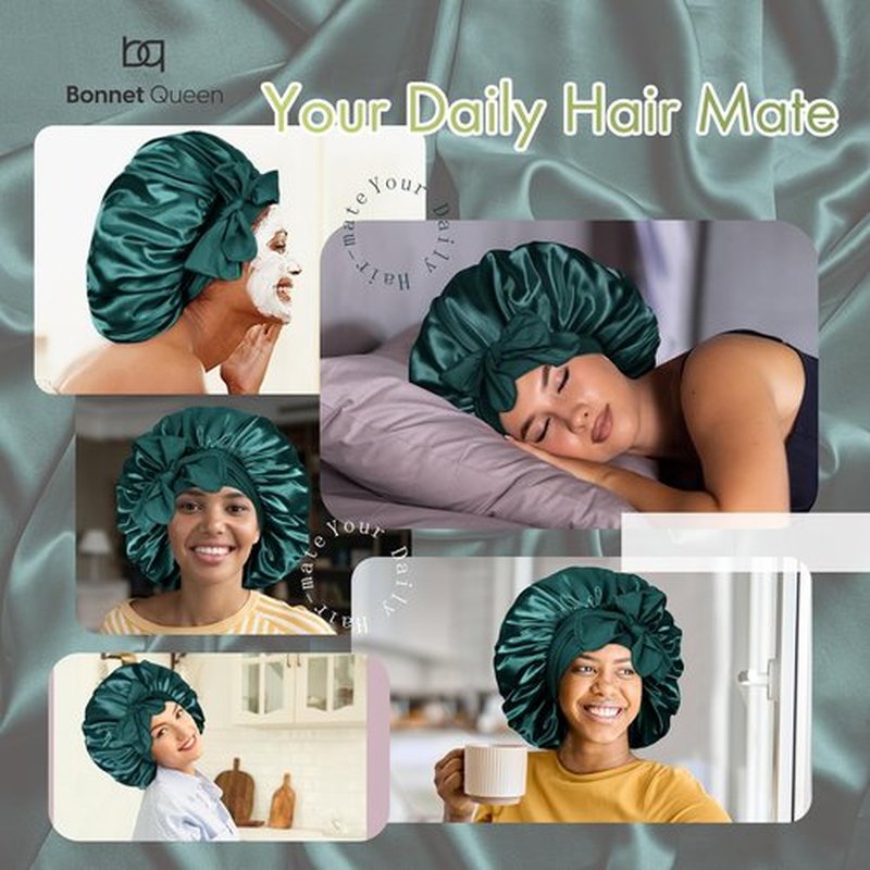 BONNET QUEEN Large Satin Bonnet Silk Bonnet for Sleeping Women Hair Bonnet Big Bonnet Night Sleep Cap Scarf Wrap for Curly Hair with Tie Band Green