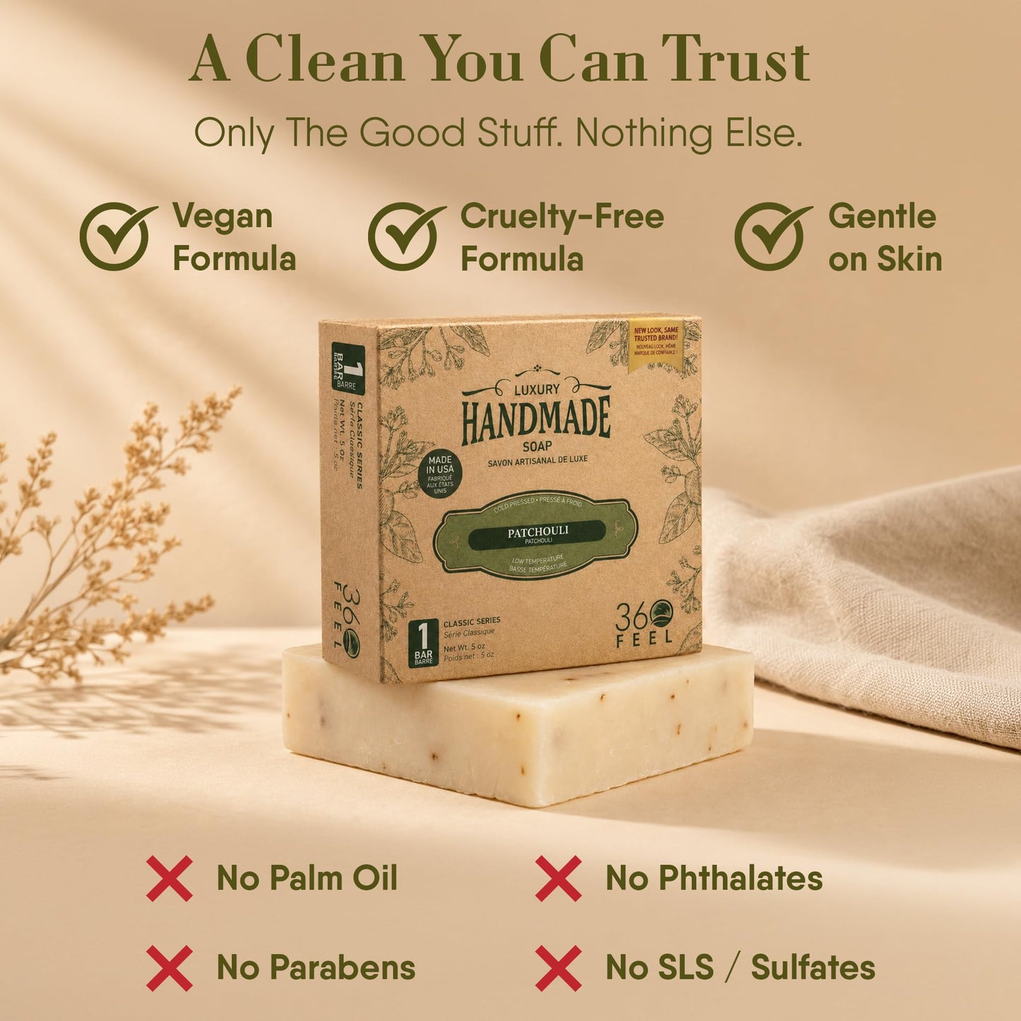 360Feel Patchouli Soap - Made in the USA - Castile Handmade, All Natural, Cold Processed - Infused with Patchouli for Relaxation and Gentle Cleanse - Rich Moisturizing Lather - 5 oz