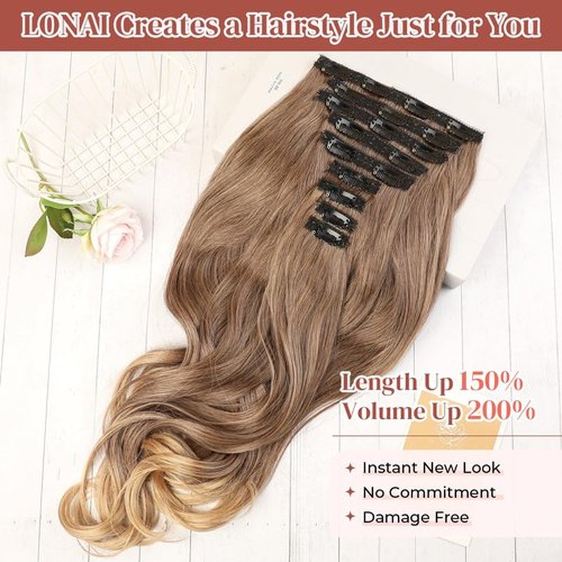 LONAI Clip in Hair Extensions, 9PCS Long Curly Wavy Layer Hair Clip Extensions, Synthetic Hair Extension Natural Soft Invisible Lace Hairpiece for Women Chocolate Brown to Light Brown