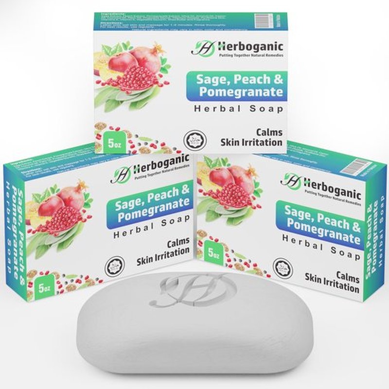 HERBOGANIC Sage, Peach and Pomegranate Herbal Soap | Pack of 3 of 5oz soap Bar | Natural Bar Soap for Face and Body | Hydrating and Nourishing | Suitable for Men and Women