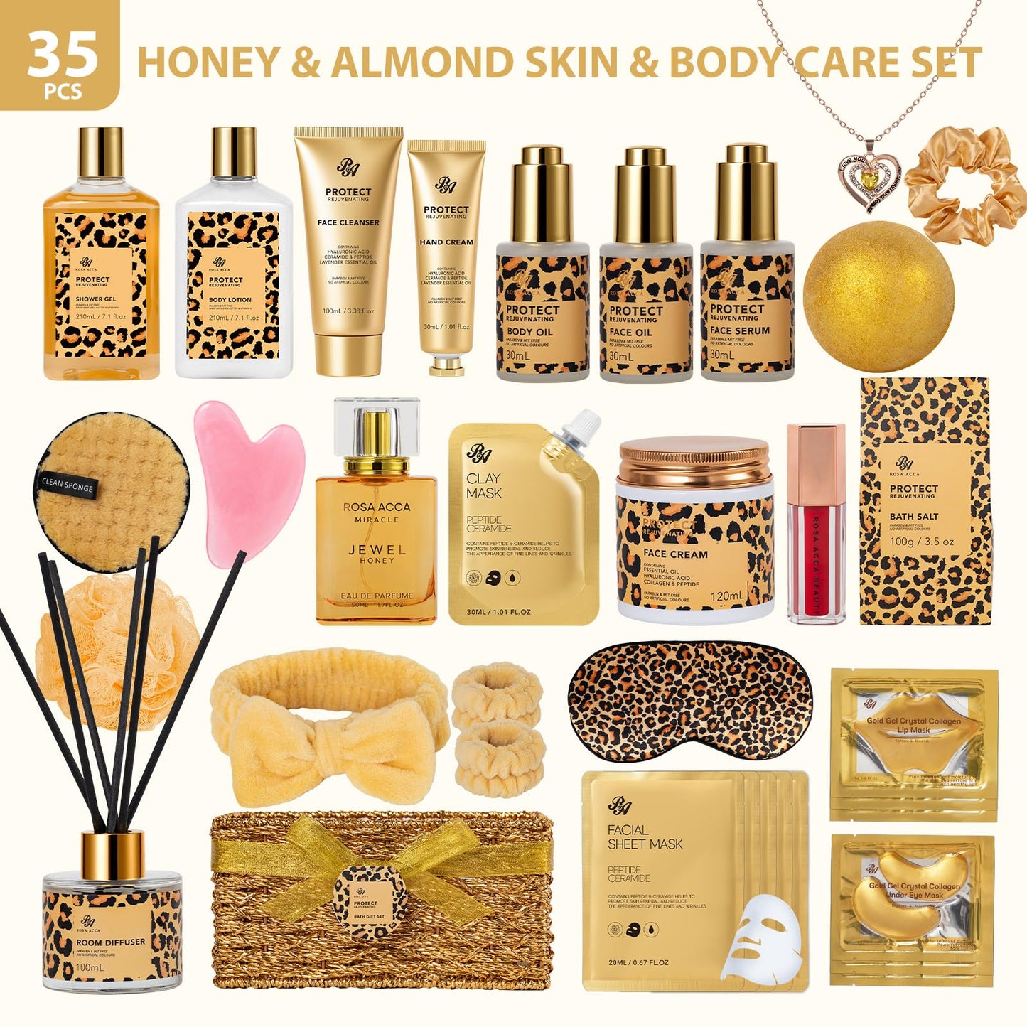 35 Pcs Mothers Day Gifts for Mom, Honey & Almond Bath & Body Gift Basket for Women, Face Skin Care Kit, Home Spa Basket Gift Set, Self-Care Gift Kit, Necklace, Birthday, Anniversary,Wife