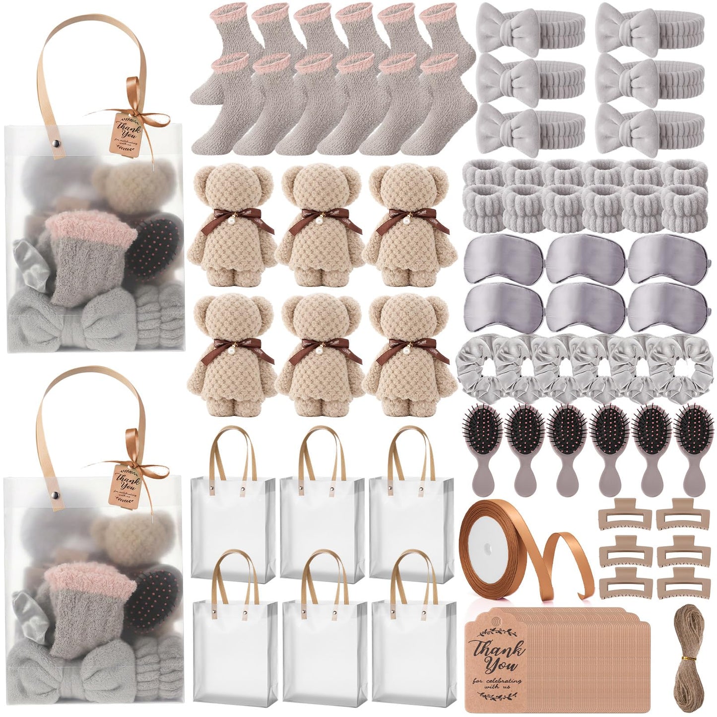 Rivvlive 6 Set Spa Gifts Bulk for Women, Sleepover Party Favors Supplies for Bridesmaid Bridal Shower Wedding Guests Baby Shower Birthday Gift with Towels Socks Hair Tie Clip Eye Masks(Light Brown)