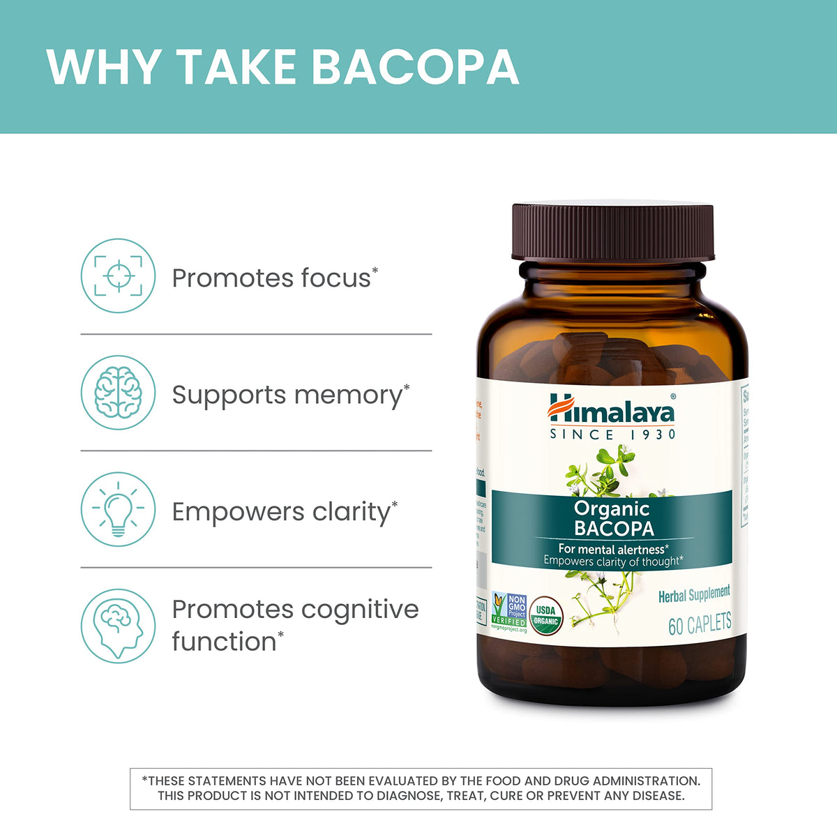 Himalaya USDA Organic Bacopa Monnieri Nootropic Herbal Supplement,Brahmi,Bacopa Supplements, Bacopa Extract,Mental Alertness, Supports Calm,Memory,Cognition,Non-GMO,750 mg, 60 Plant-Based Caplets