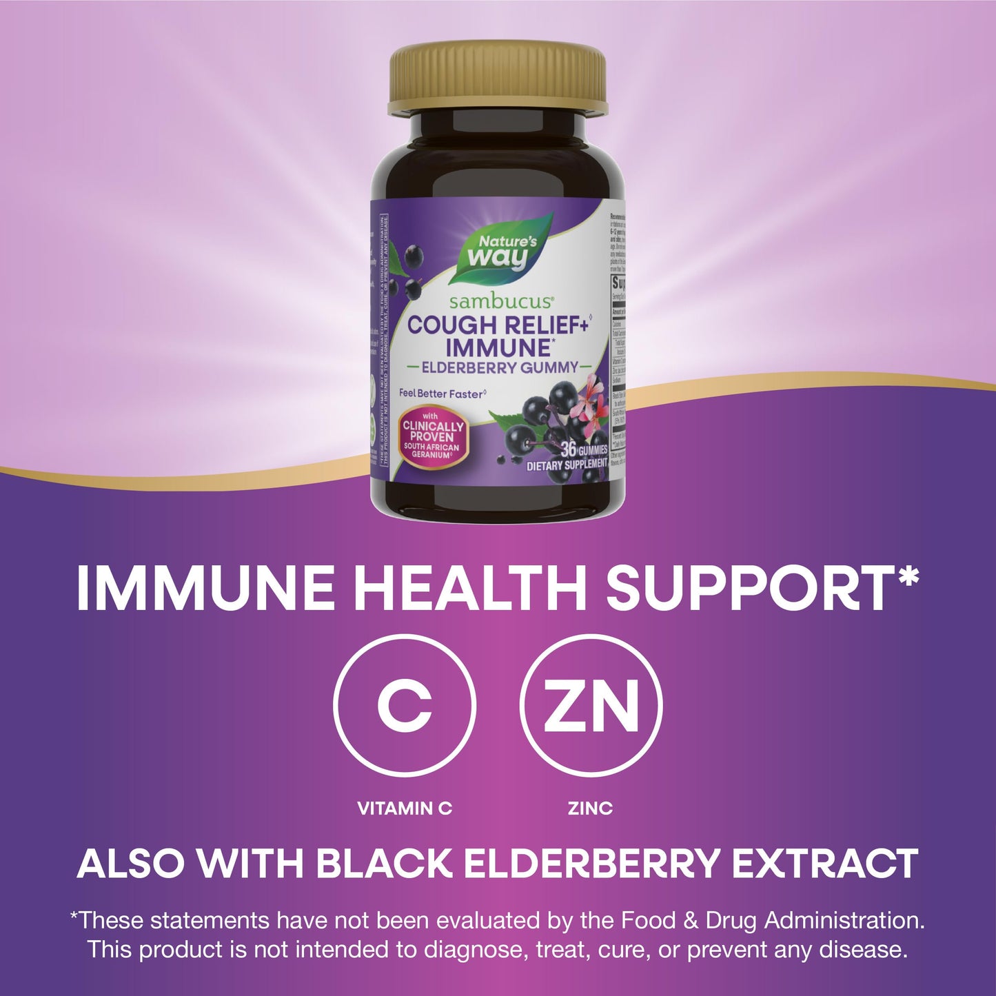 Nature's Way Sambucus Cough Relief +(1) Immune* Elderberry Gummy, Clinically Proven South African Geranium Root Extract(1), Elderberry Extract, Vitamin C & Zinc, 36 Gummies (Packaging May Vary)