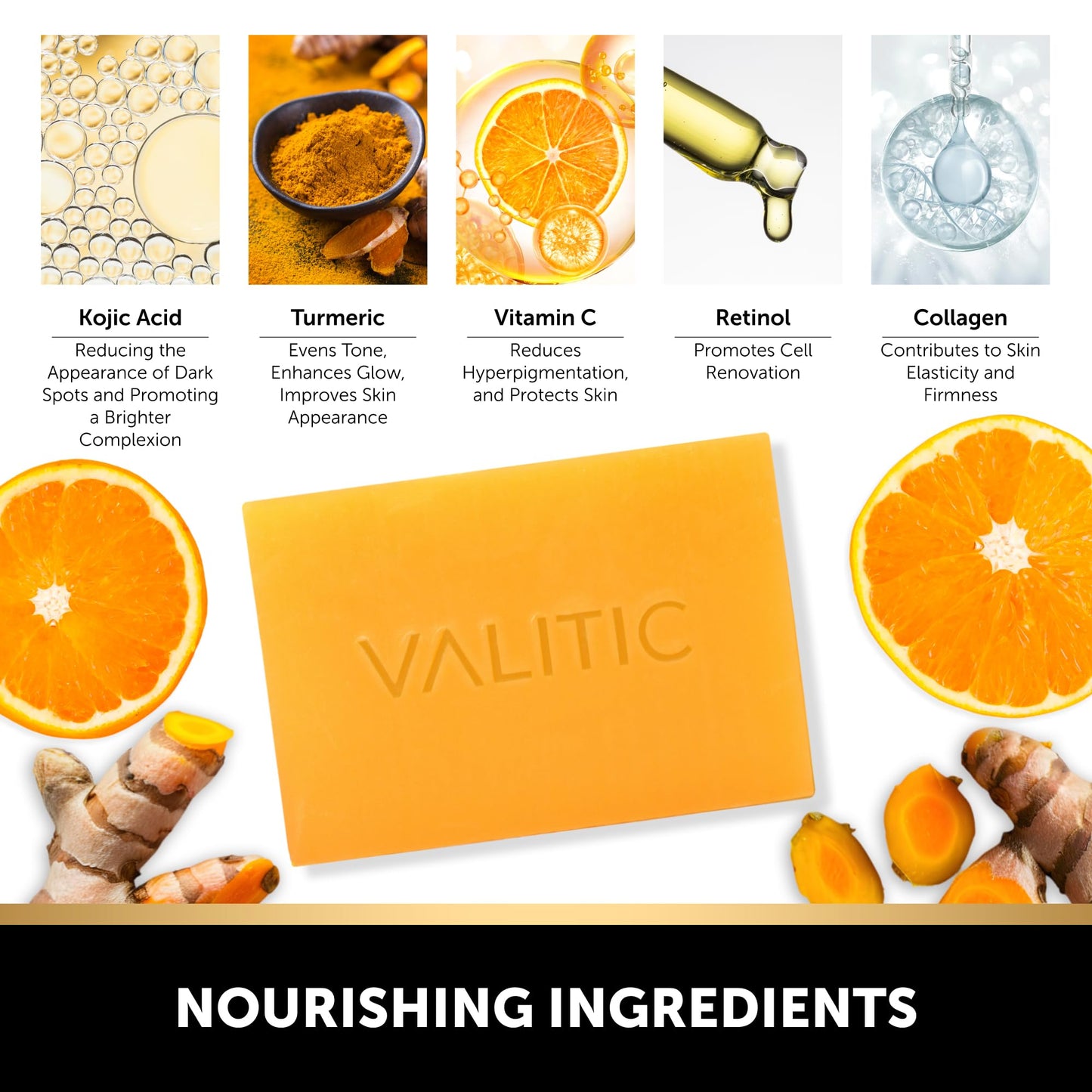 VALITIC Kojic Acid Soap for Hyperpigmentation - with Glutathione, Collagen & Vitamin C - Advanced Soap Bars with Turmeric - Original Japanese Complex for Dark Spot Correction - 3 Pack