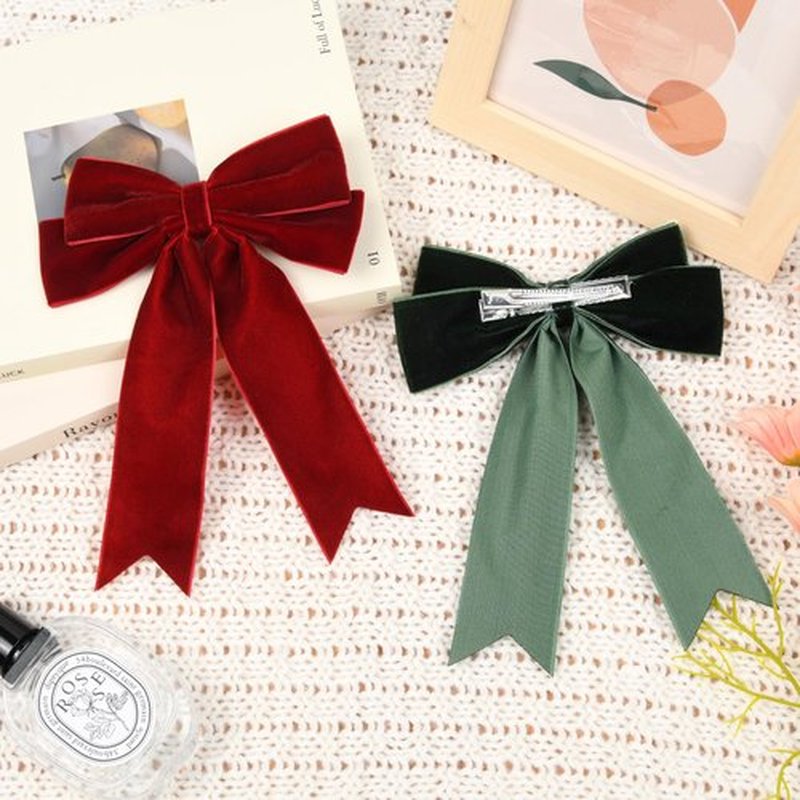 2PCS Velvet Bows Hair Clip Ribbon Green Red Accessories Ponytail Holder Hair Bow for Women Girls Toddlers Teens Kids