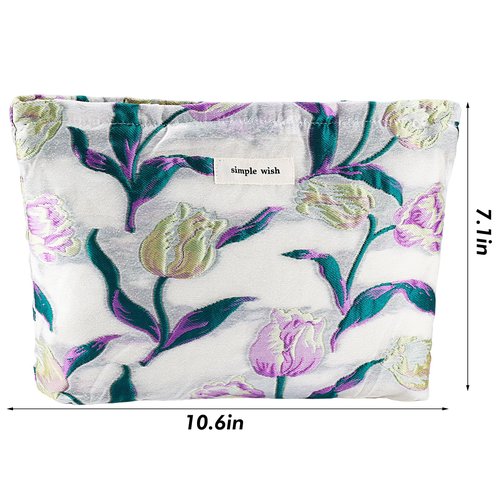 ZLFSRQ Tulip Makeup Bag Travel Cute Purple Flower Floral Cosmetic Bags for Women Large Embroidery Makeup Pouch Zipper Cosmetic Pouch for Purse Aesthetic Makeup Organizer Bag Portable Toiletry Bag