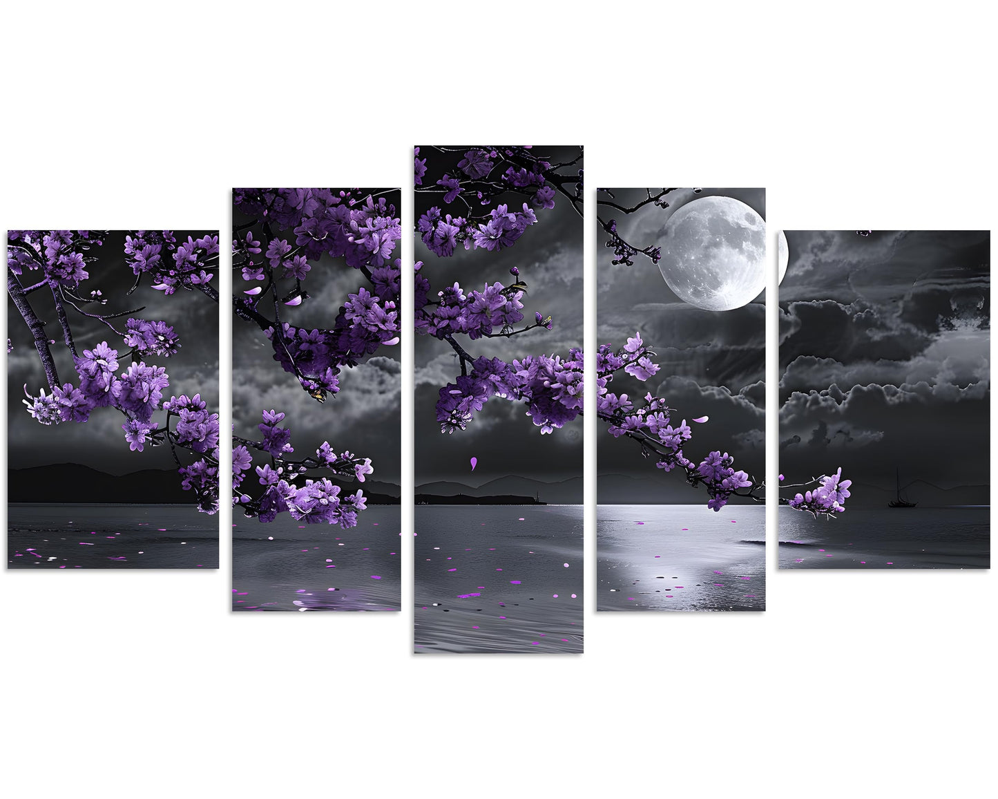 TutuBeer 5 Pcs Purple Bedroom Pictures Wall Decor Purple Canvas Art Black and White Sea Night Full Moon Flower Print on Canvas Flower Wall Picture for Room Decor Stretched and Framed