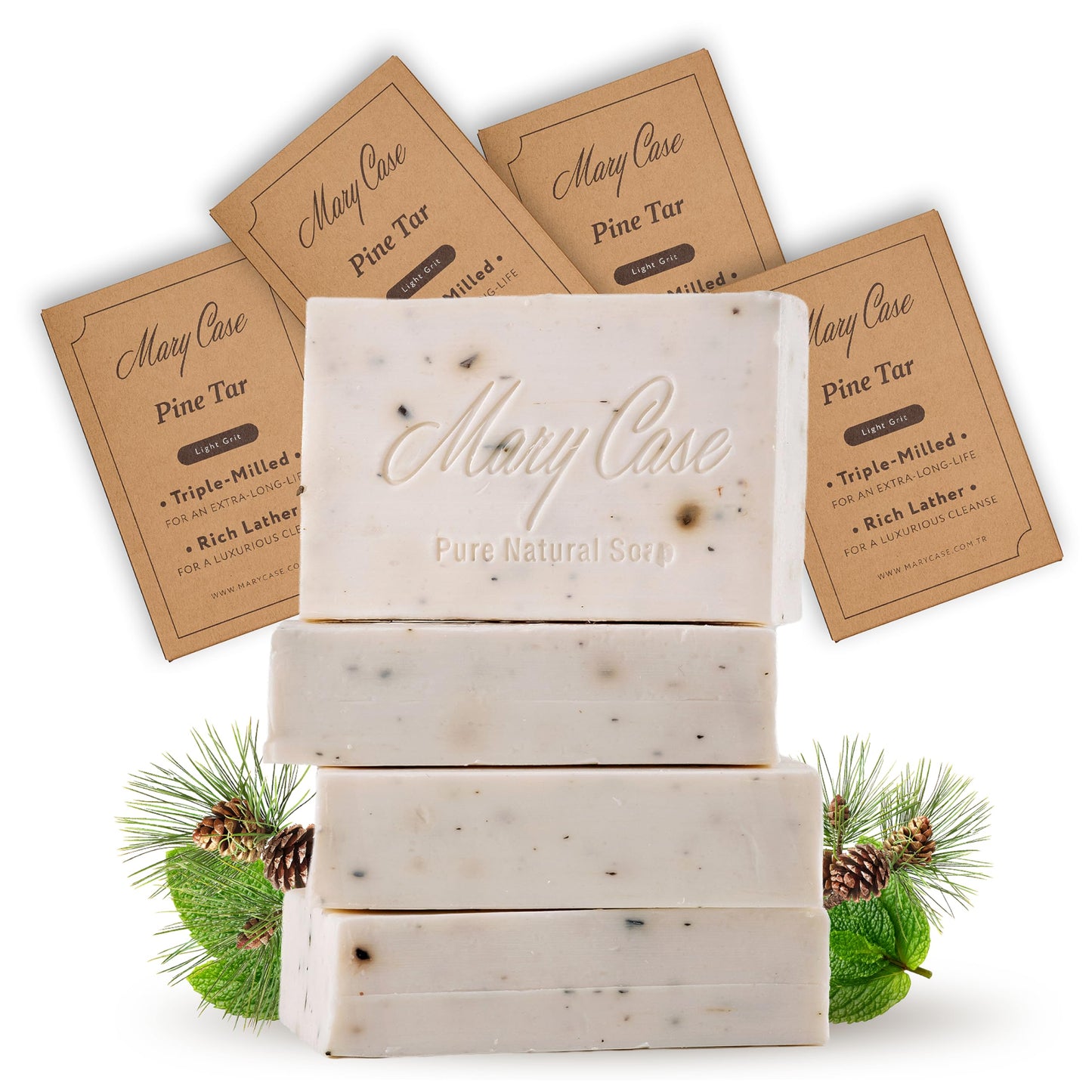 Mary Case Pine Tar Bar Soap Set of 4 | Natural Soap with Olive, Coconut & Pine Oils + Dried Mint | Vegan Bath Soap for Men & Women | Revitalizing & Soothing Skin Care