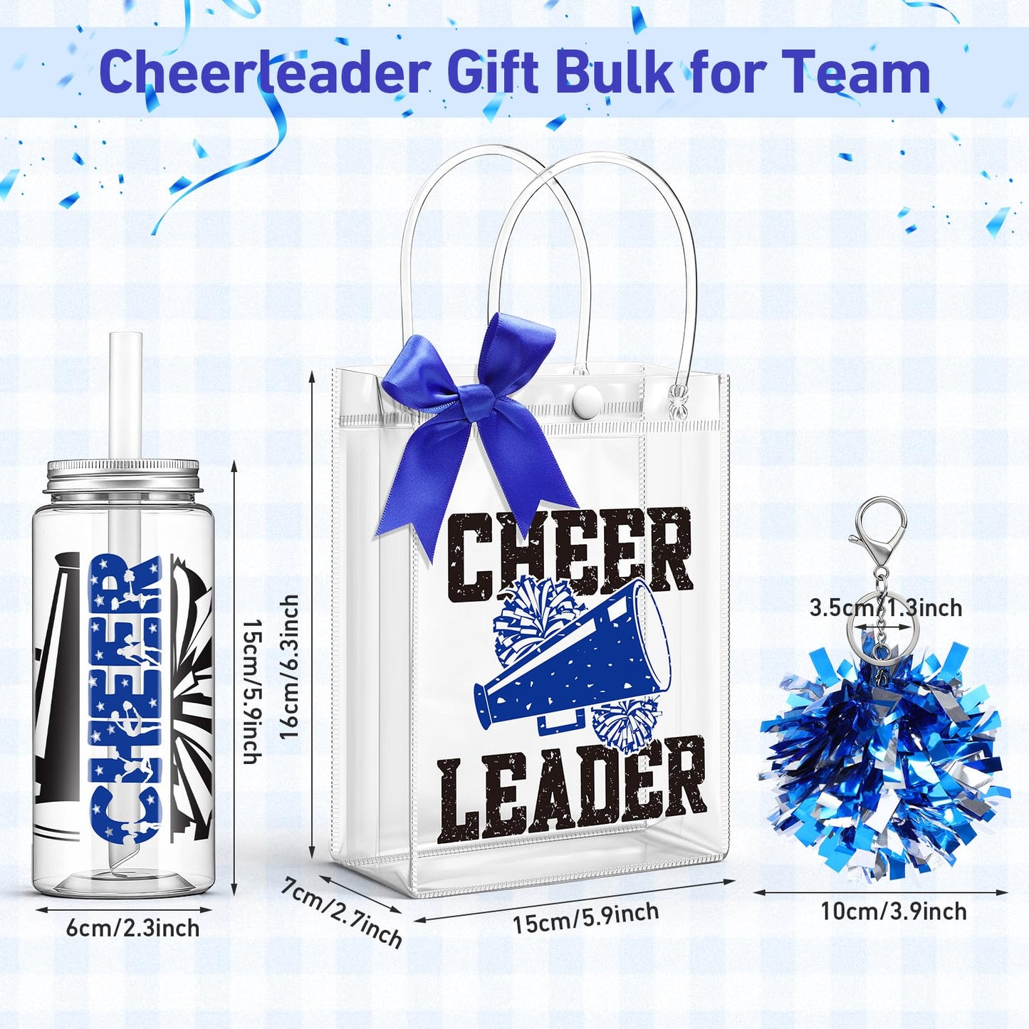 LemonRoad 36 Pcs Cheerleader Gift Bulk for Team Cheer Tumbler Cups Pom Pom Keychain Bags Bow Cheer Water Bottles with Lid and Straw for Cheerleader Women Girl Sport Party Favor Senior Night(Blue)