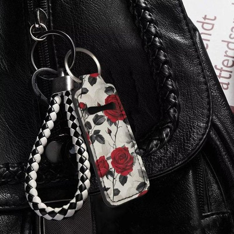 SEANATIVE Red Roses Lipstick Holder Keychain Neoprene Lip Balm Holder Portable Lip Gloss Keychain Pocket Keychain Clip-on Sleeve Chapstick Holder for Women Travel