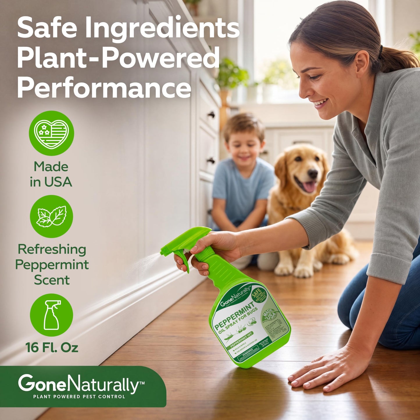 GoneNaturally Peppermint Oil Spray for Bugs– Extra Strong Insect Repellent & Bug Spray for Home– Kills & Repels Ants, Roaches, Spiders & More– Safe Around Kids & Pets– Indoor & Outdoor Use (16oz)