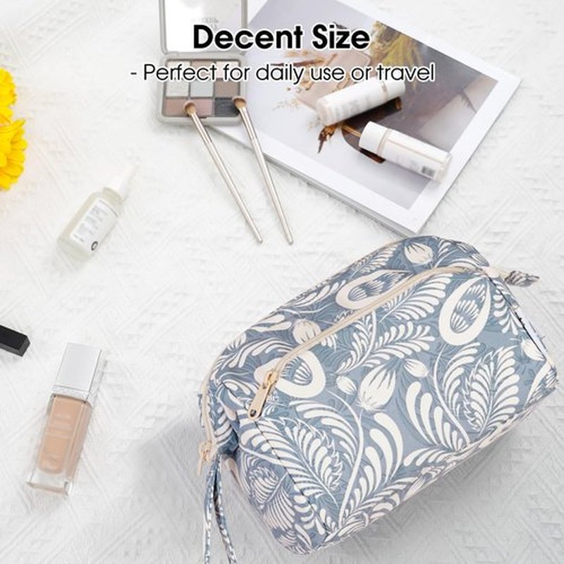 Narwey Large Women Makeup Bag Wide-open Make up Bag Travel Cosmetic Organizer Toiletry Bag for Cosmetics Toiletries Accessories (Blue Leaf)