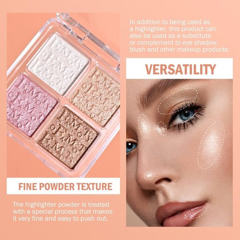 KYDA Baked Powder Highlighter, 4 Color Shimmer Glow Illuminating Powder Palette, Long lasting Face Highlighter Bronzer Makeup Palette for Girls Women-#02