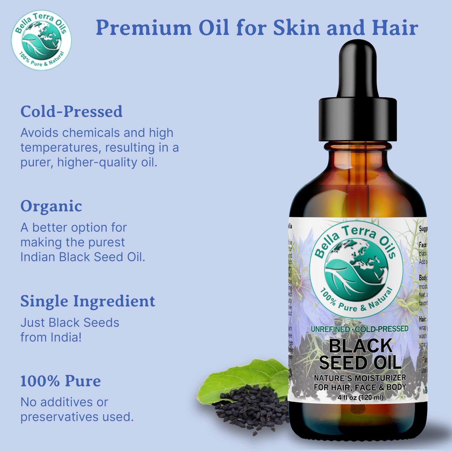 Bella Terra Oils - Black Seed Oil 4 oz - Harness the Power of Nigella Sativa, Abundant in Thymoquinone & Essential Fatty Acids, A Luxurious Addition to Your Beauty Routine