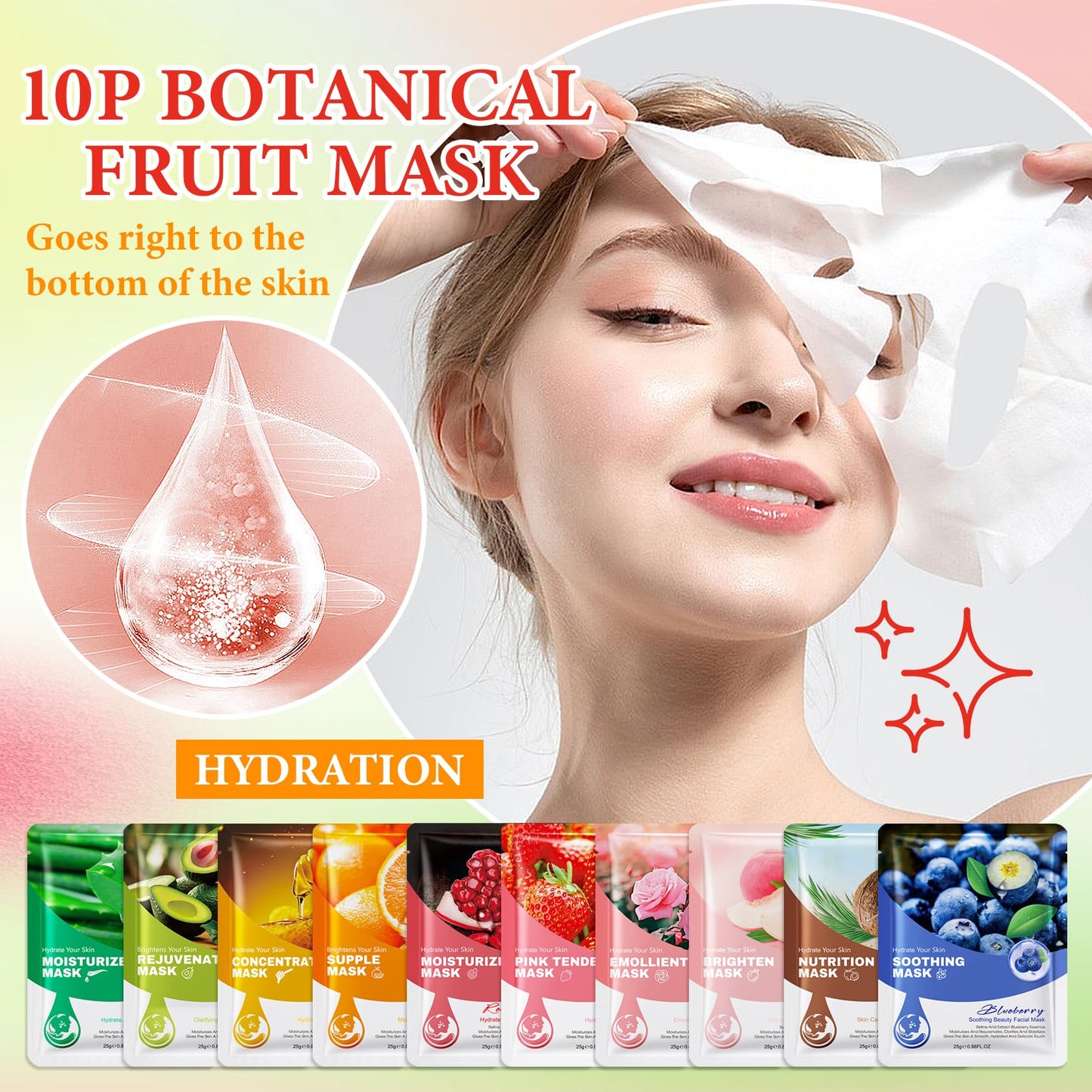 10 Pack Variety Facial Sheet Masks Skin Care Set, Hydrating Bulk Sheet Face Masks Skincare Gifts Set for Women Men, Long Lasting Moisturizing Face Mask Skincare for All Skin Type（C6)