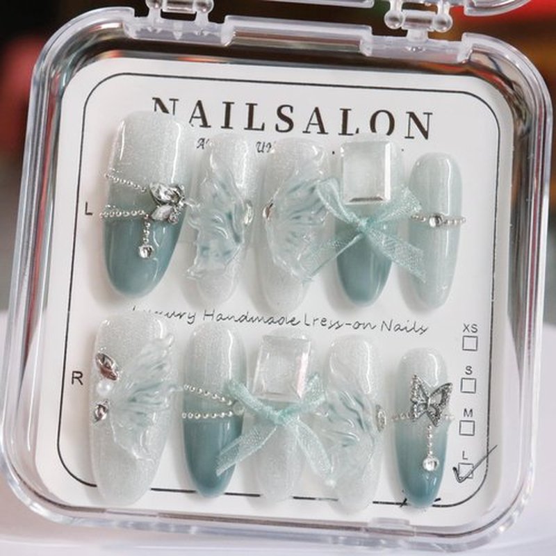 CAMILCY Handmade Nails Press on Almond Nail Long Pointed Light Blue Crystal Bow Design Hand painted Reusable Gel UV Finished Pre shaped False Nails for Women 10pcs 3D Handmade Nails (A018, L)