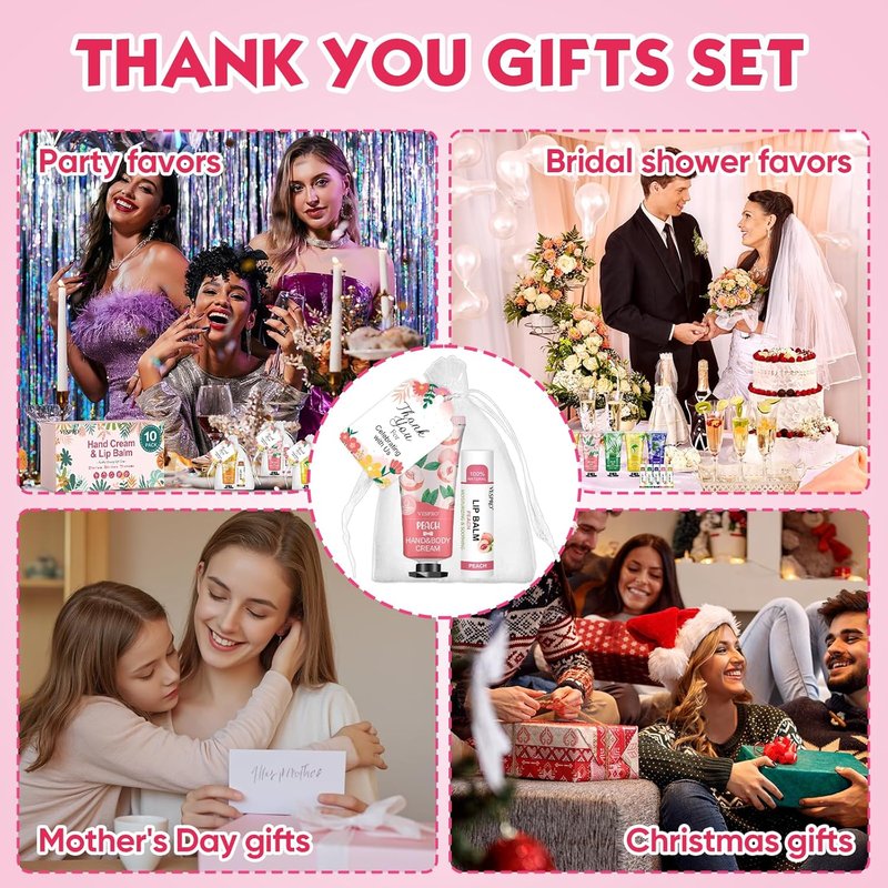 Hand Cream and Lip Balm Set - 10 Pack Gift Set for Moms, Teachers, Nurses | Includes Thank You Cards & Organza Bags