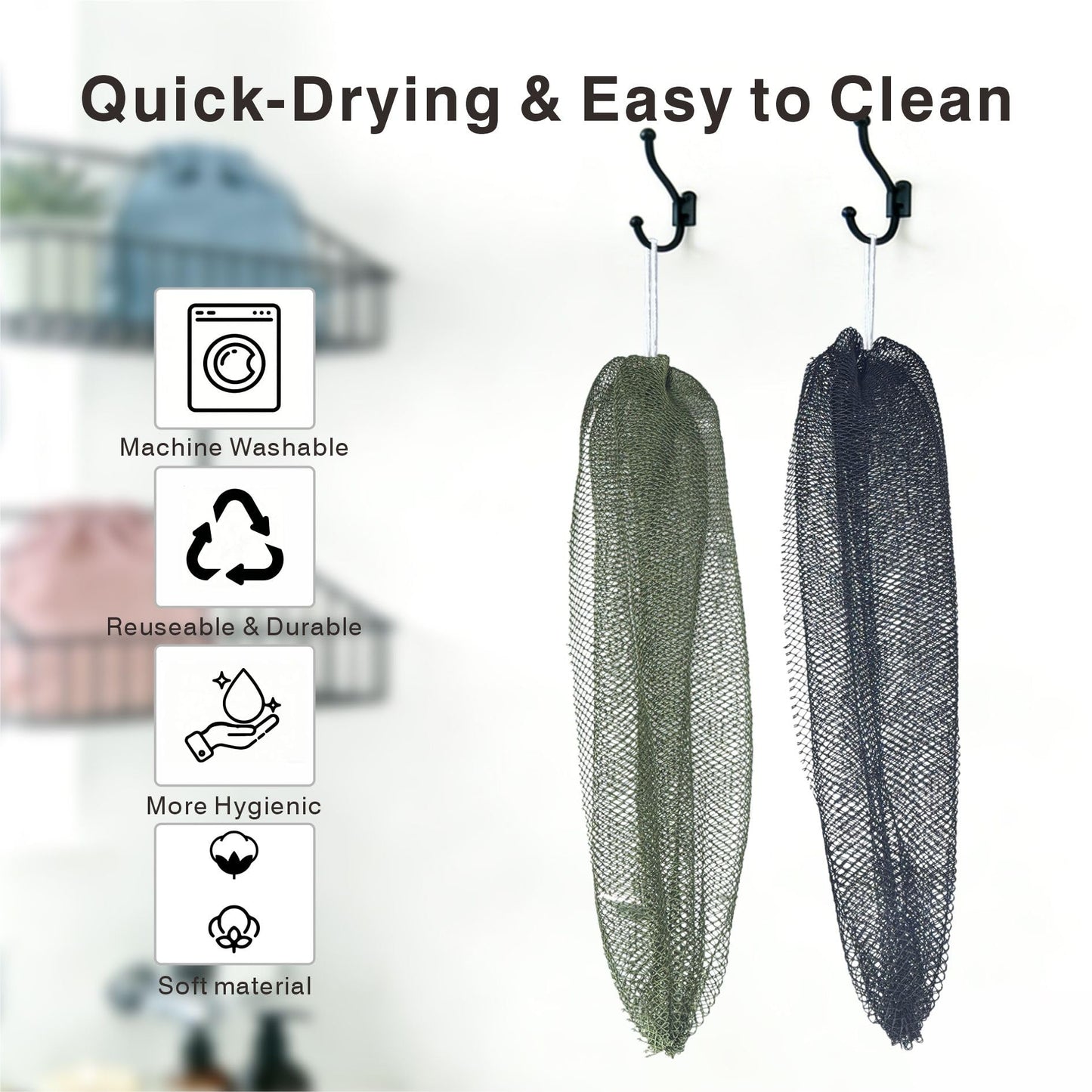 YUSAGO African Net Sponge Authentic,2 Pack Shower Loofah Exfoliating Body Scrubber, Stretchable Bath Sponge for Back Hard-to-Reach Areas, Long-Lasting Exfoliating Washcloth for Women (Black & Green)