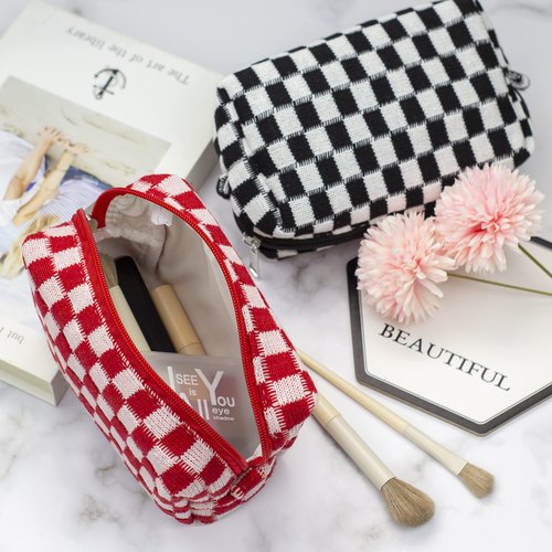 PAZIMIIK Checkered Makeup Bag for Purse Portable Zipper Make Up Pouch Small Cosmetic Case for Travel Accessories (Red)