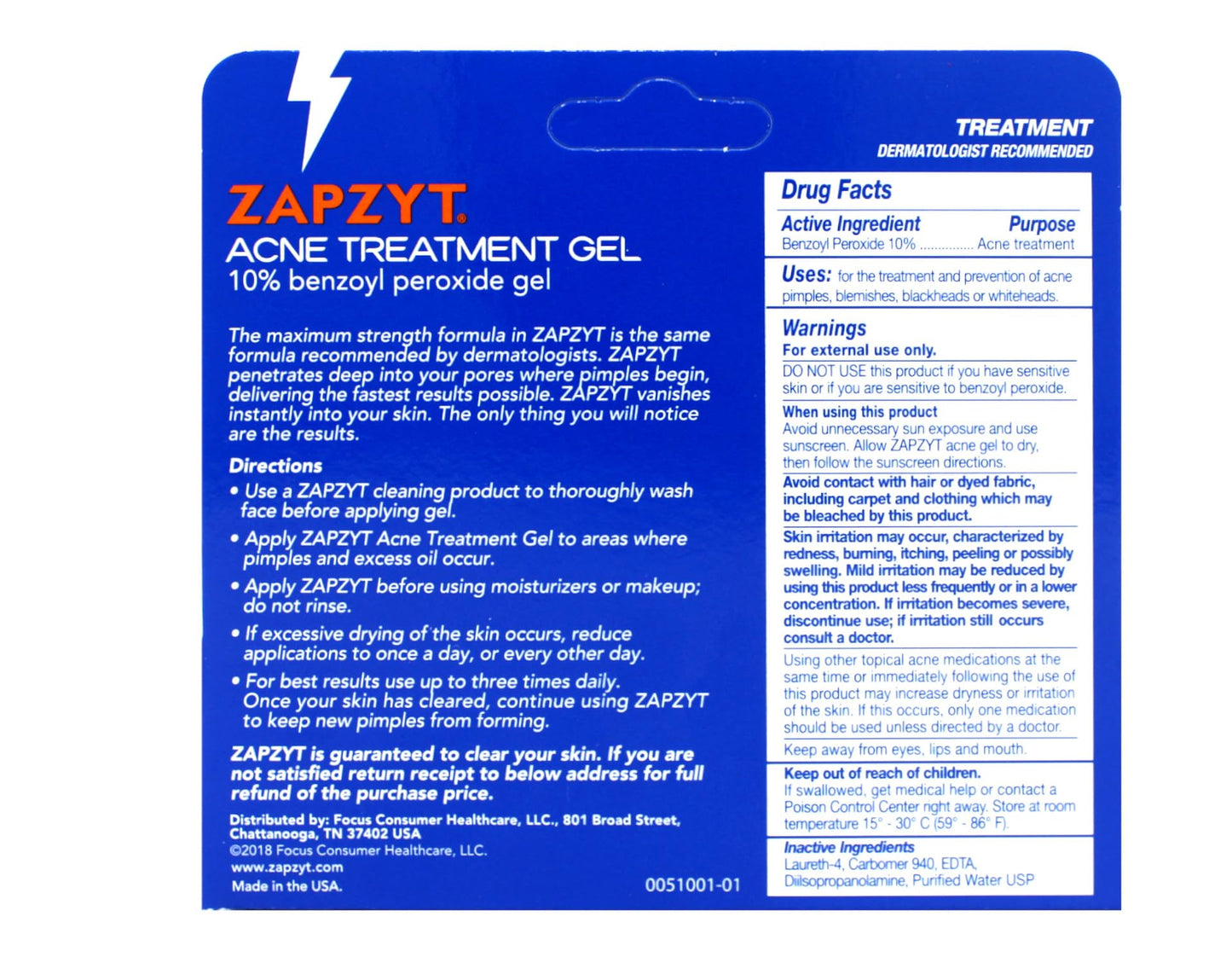 Zapzyt Acne Treatment Gel Maximum Strength 10% Benzoyl Peroxide Acne Spot Treatment 1 oz