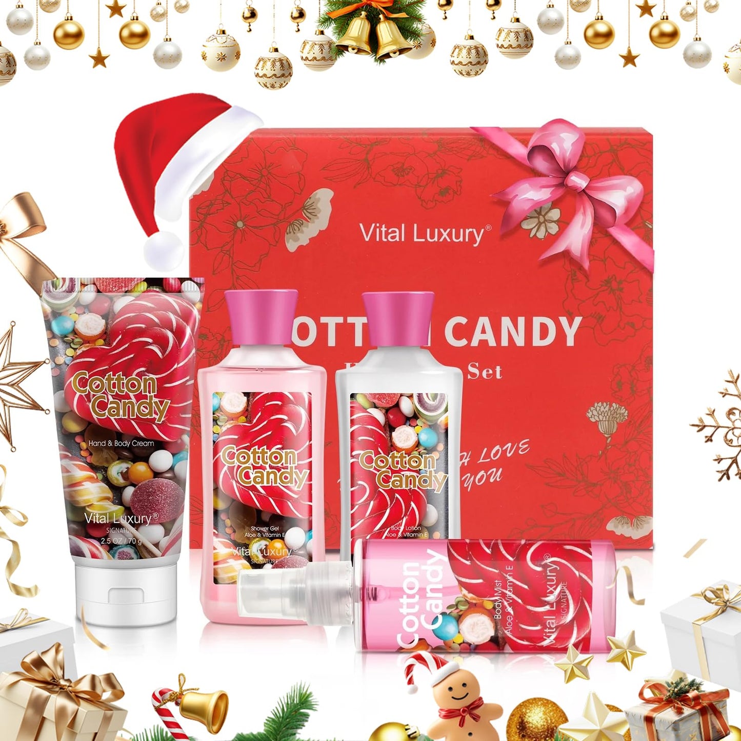 Vital Luxury Cotton Candy Bath and Body Gift Set - 4-Piece Travel Kit with Body Lotion, Shower Gel, Body Cream & Fragrance Mist (3 Fl Oz) - Natural Extracts, Personal Self Care Kit for Women/Men