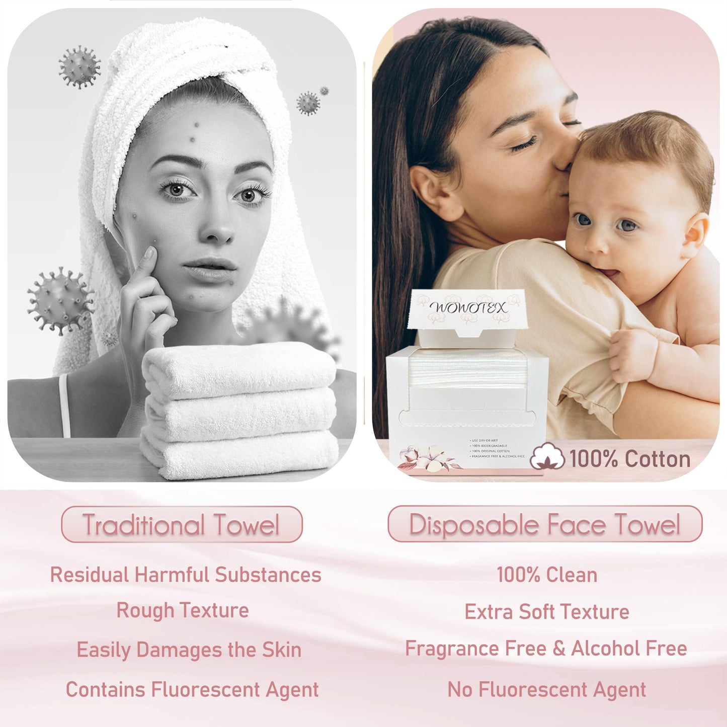WOWOTEX 100% Cotton Disposable Face Towel 50 Count 10x12 Inch | Biodegradable Thick Soft One Time Use Dry Wipes for Sensitive Skin, Baby Care, Facial Cleaning, Makeup Removal