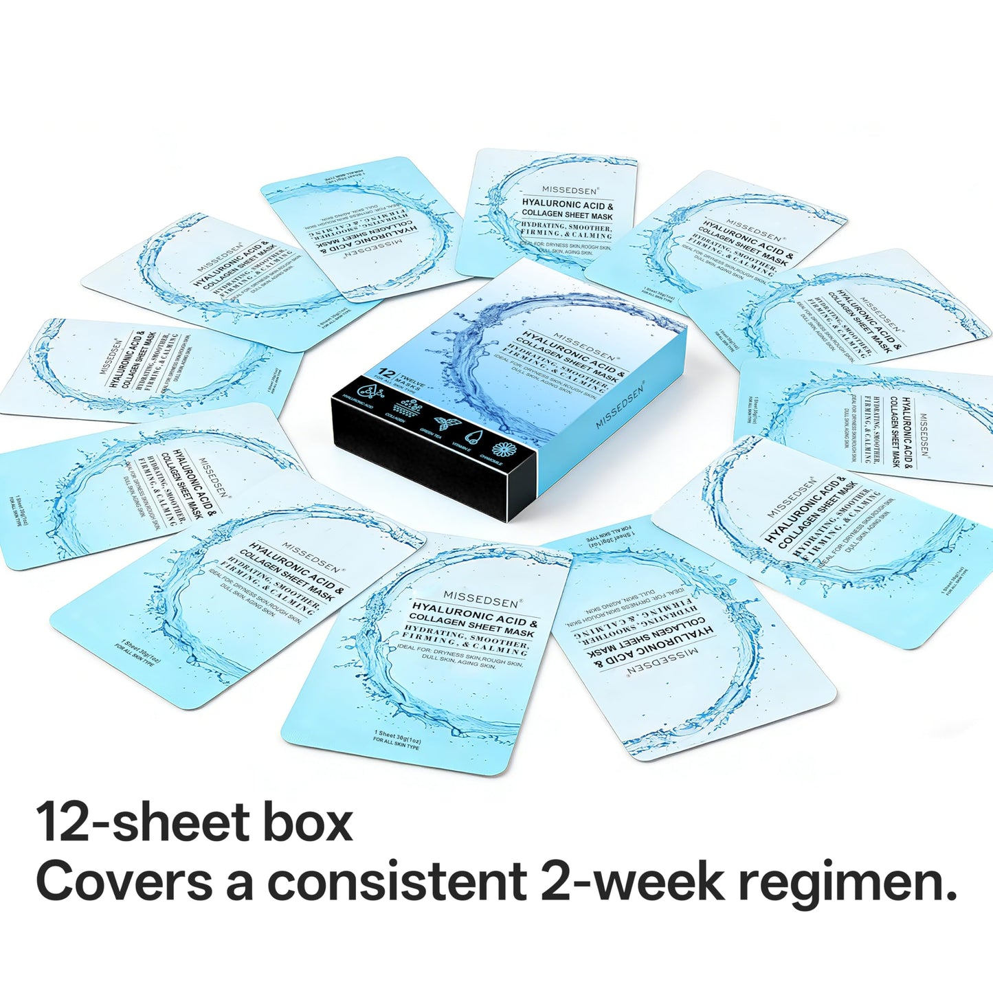 MISSEDSEN Collagen Face Mask with Hyaluronic Acid, Vitamin E Oil for Skin Care Hydrating, Moisturizing, Brightening & Anti Aging Face Masks Skincare for Oil, Dry, Acne, Sensitive All Skin Types 12PCS