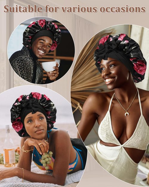 Reversible Satin Bonnet for Sleeping Women Silk Bonnet Double Layer Hair Bonnet with 2PCS Hair Scrunchies Elastic Tie Band Night Cap Hair Wrap for Natural Curly Hair (Black Flower + Black)