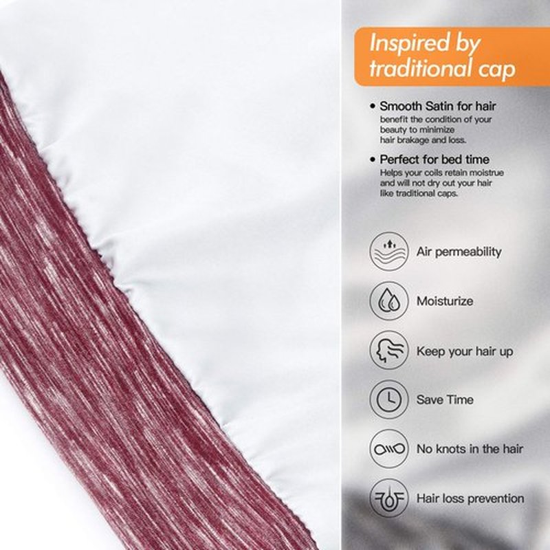 Silk Satin Lined Bonnet Sleep Cap - Adjustable Stay on All Night Hair Wrap Cover Slouchy Beanie for Curly Hair Protection for Women and Men - Heather Burgundy