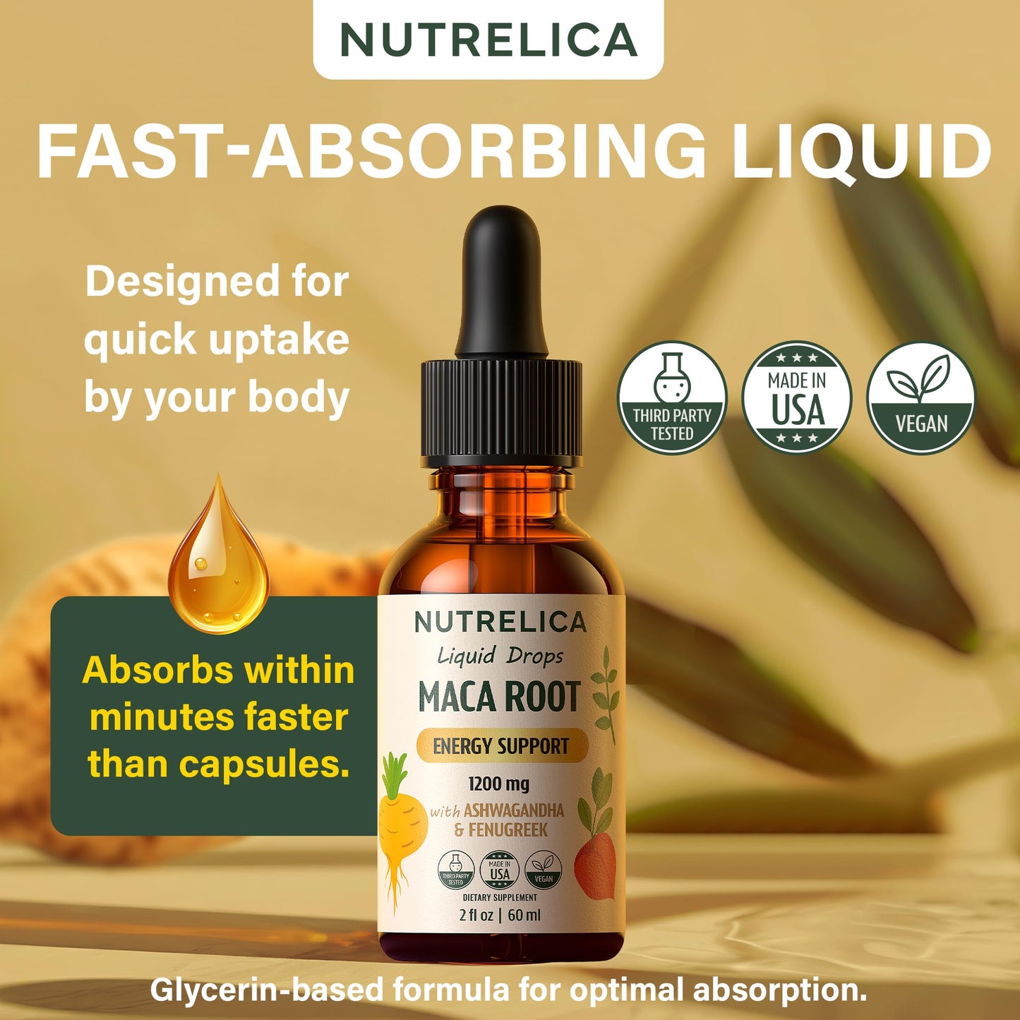 NUTRELICA Maca Root with Ashwagandha & Fenugreek – Herbal Wellness & Vitality Support – 1200mg, No Sugar, Vegan, Non-GMO