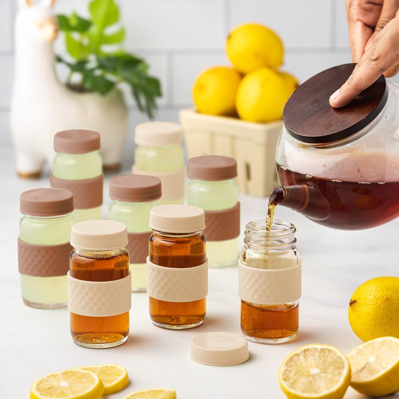 Glass Juice Shot Bottles with Caps, Clear, 2oz, Colored Lids & Silicone Grip Bands, Beverage Storage, Juicing, Turmeric & Ginger Shot Bottles