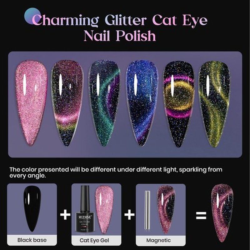MIZHSE Reflective 9D Cat Eye Gel Nail Polish, Glitter Magnetic Gel Polish Set with 2 Magnet Sticks, Chameleon Magic Effect Holographic Cateye Nail Gel Soak Off Nail Art Gift