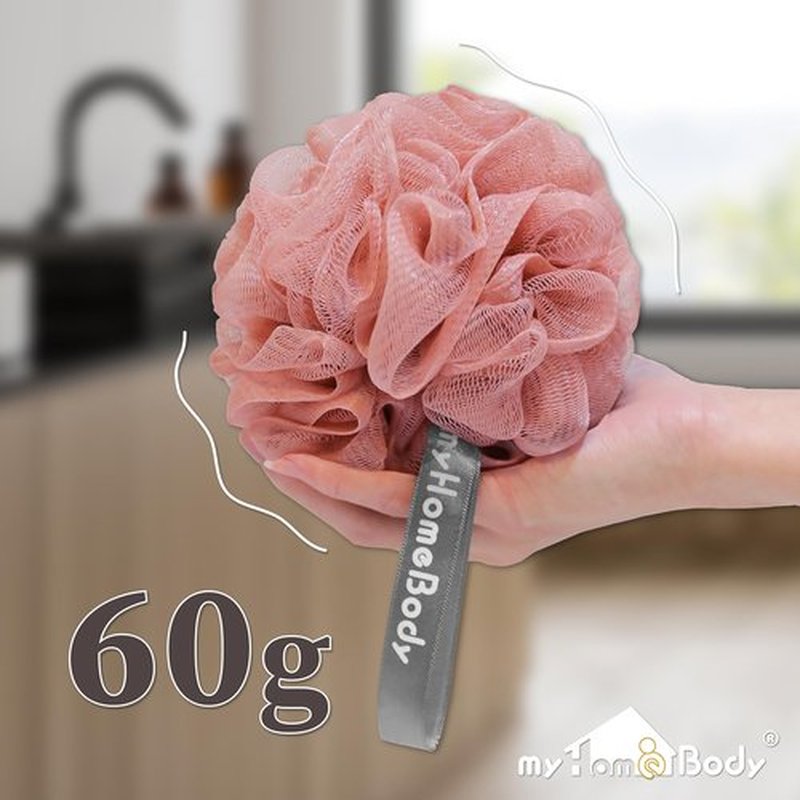 myHomeBody 60g Loofah Sponge, Body Scrubber, Bath Sponge, Loofah for Women, Men, Exfoliating Sponge Shower Pouf with Activated Charcoal - 2 Peach + 1 Coral Red, 3 Pack