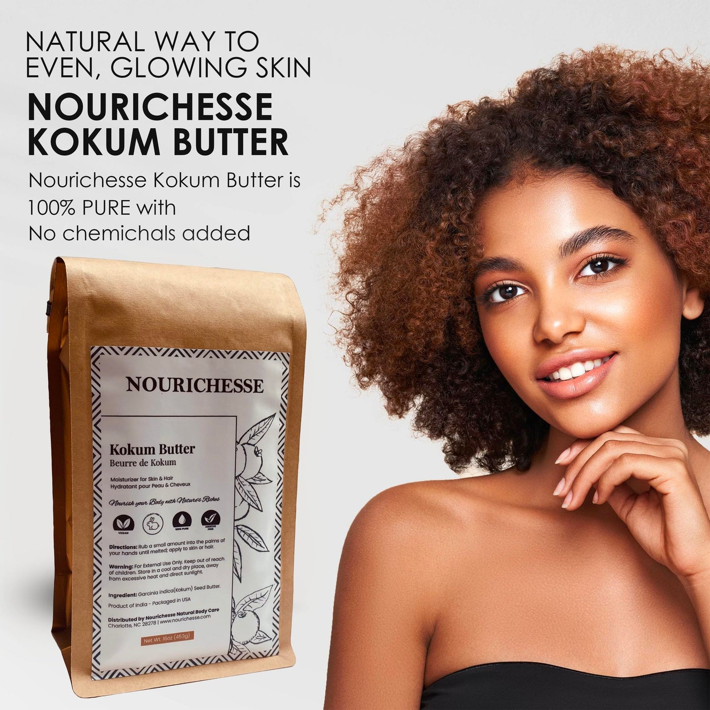 Nourichesse Kokum Butter - 1 LB (16oz) Block. Pure Butter, Great Moisturizer for Skin and Hair. Use in DIY Soap, Balm, and Cream.