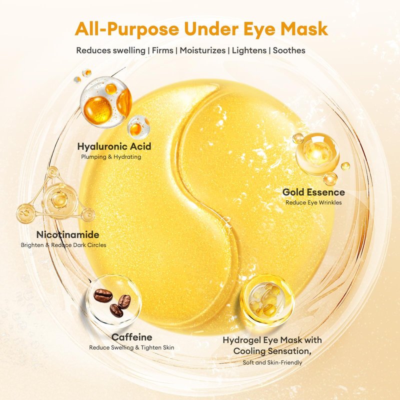 LJ KuKu Lady Under Eye Patches Gold Essence Hydrogel Eye Masks for Puffy Eyes and Dark Circles Caffeine Hyaluronic Acid & Niacinamide Deep Hydrating Eye Mask for Men & Women 60 PCS (Gold)