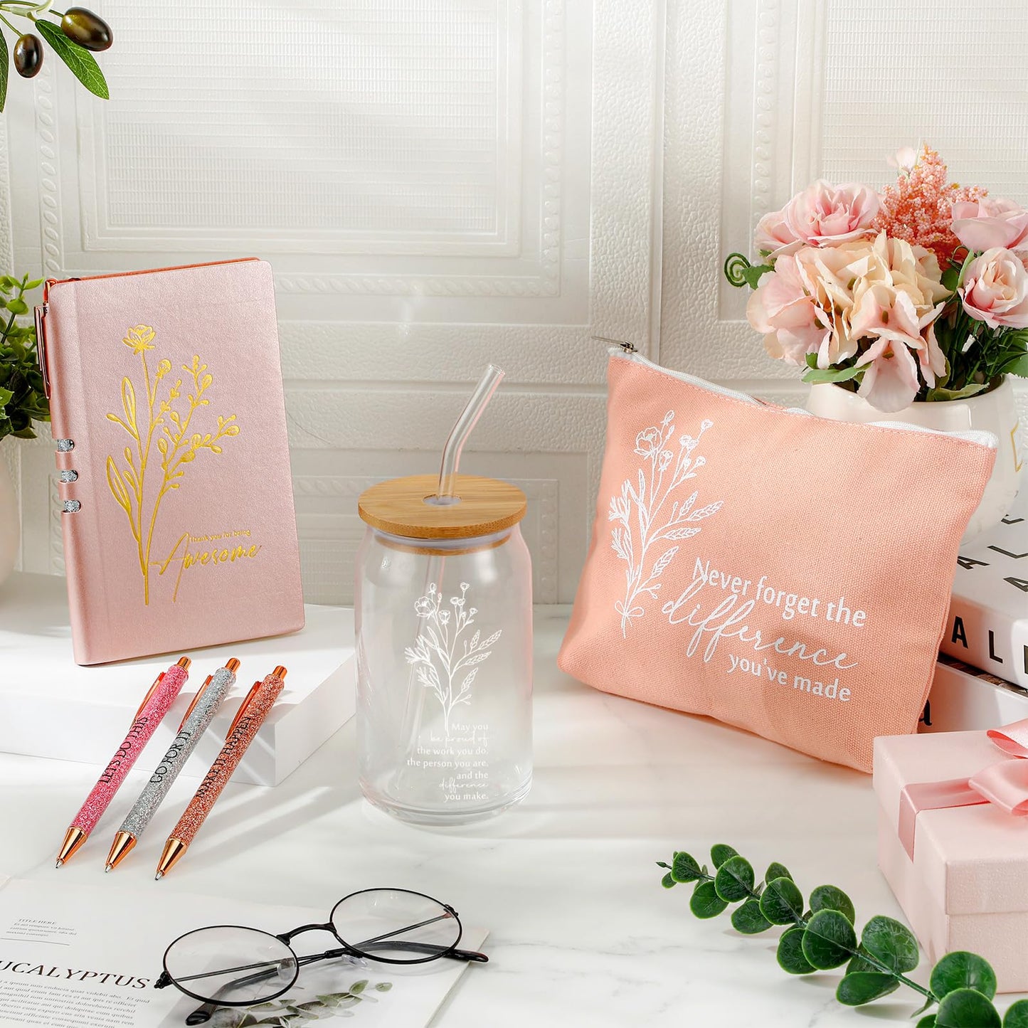 Funnymoom 6 Pcs End of Year Gifts Set 17oz Aesthetic Glass Tumbler Floral Makeup Bag Inspirational Journal Glitter Ballpoint Pens for Student Teacher Women School Staff Coworker Retirement
