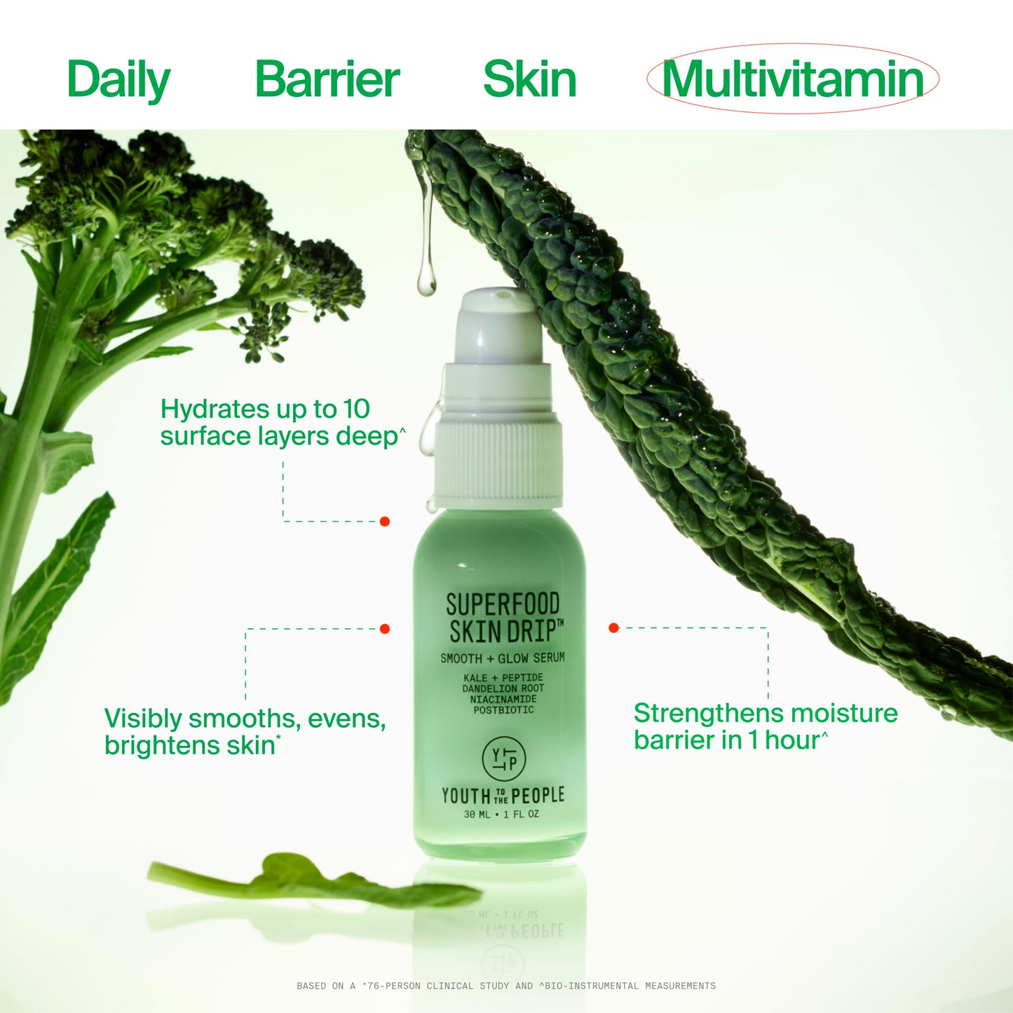 Youth To The People Superfood Skin Drip Smooth + Glow Barrier Face Serum - with Kale, Peptide, Niacinamide, Ceramides - Strengthens Skin Barrier + Evens Skin Tone - Vegan, Cruelty-Free (1 fl oz)